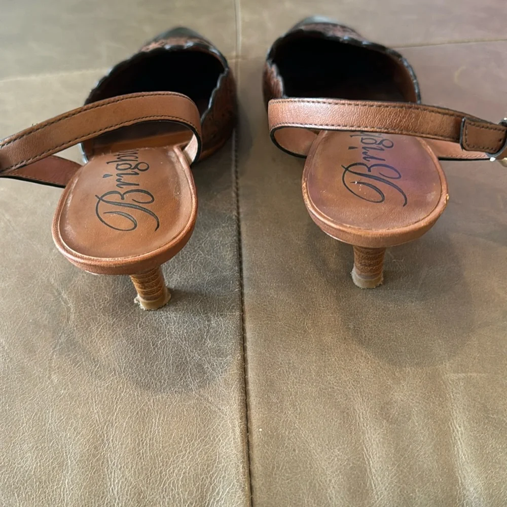Brighton Fancy Brown & Black Laser Cut Kitten Heel Slingback Shoes Size 8 - Picture 5 of 10